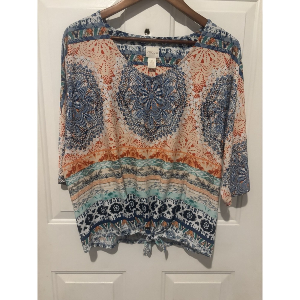 Chico's Blouse Medallion Print Tie Front Top Size 2 Multicolor V Neck 3/4 Sleeve